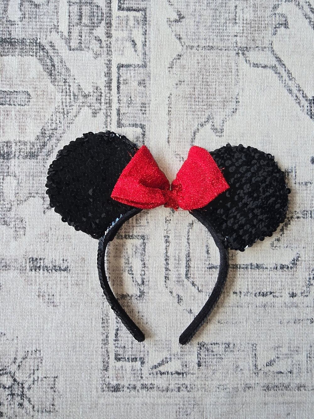 Sequin Minnie Ear Headband with Red Bow